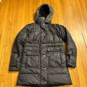 Columbia Puffer Jacket Womens Medium Black Hooded Long Down Coat **